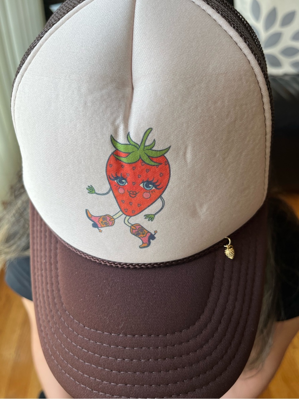 Fruit Face Strawberry Character Trucker Hat - Brown & Cream